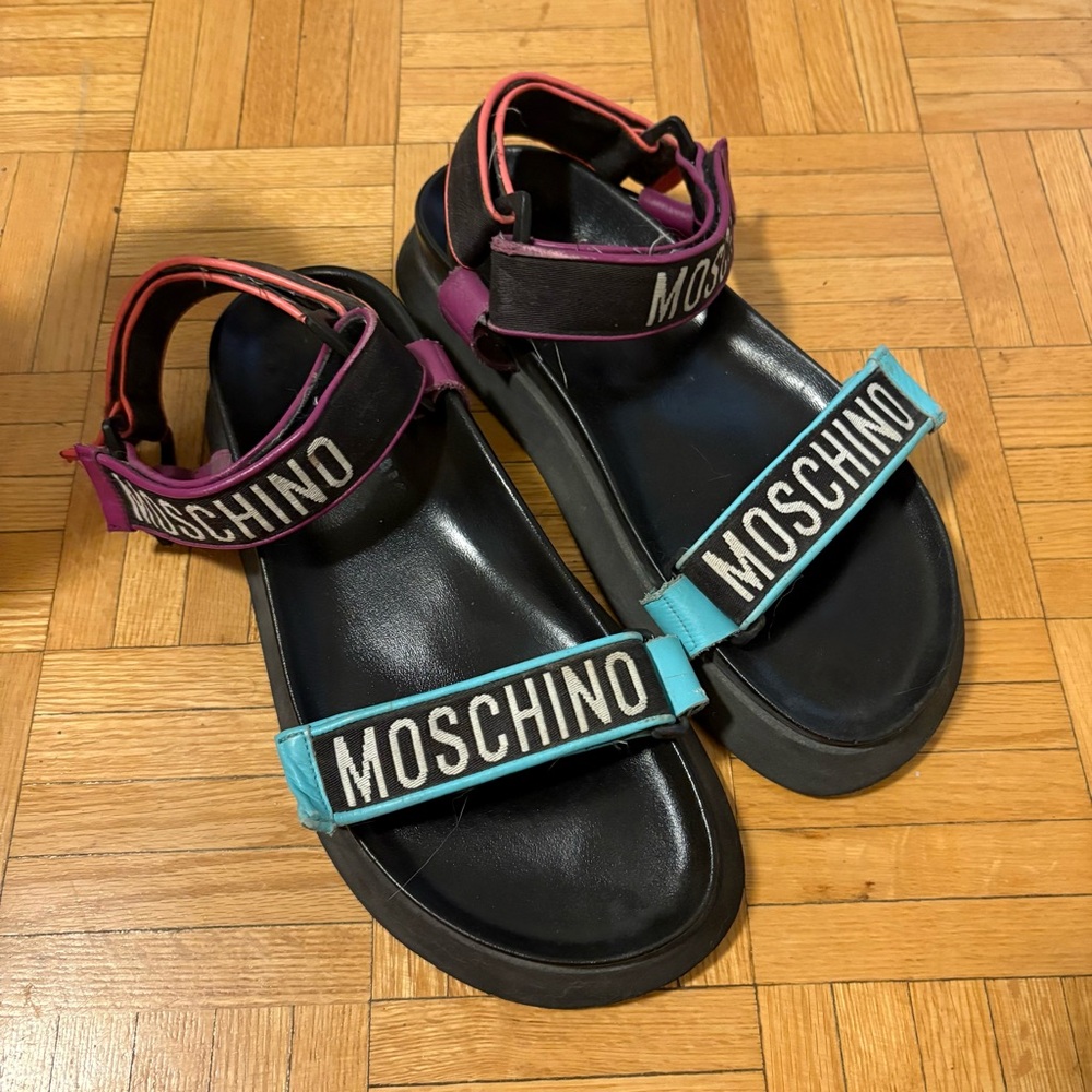 Moschino Sandals with Purple, Coral, and Teal Accents